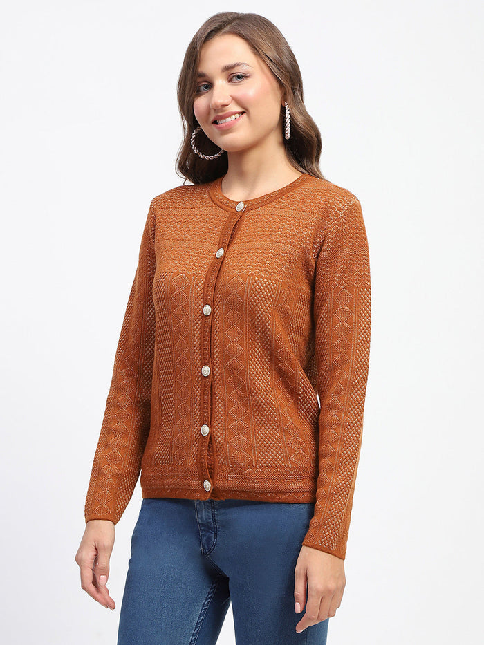 Madame Self-Designed Crew Neck Button Down Tan Cardigan