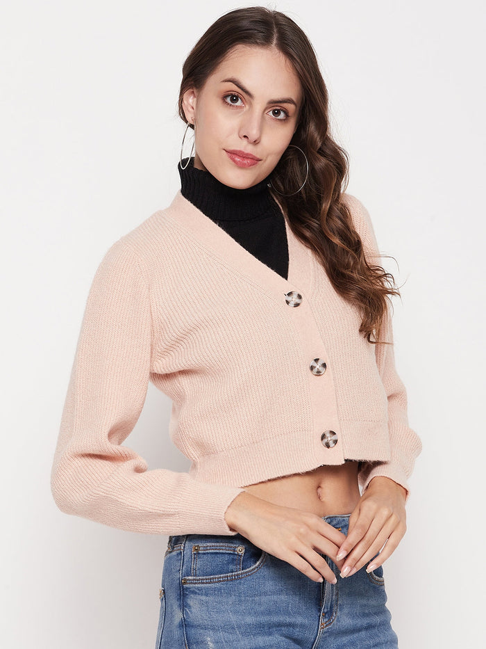 Madame Solid Peach V-Neck Crop Cardigan