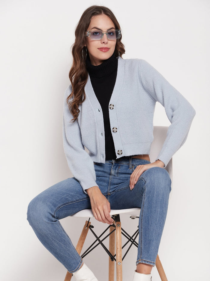 Madame Solid Powder Blue V-Neck Crop Cardigan