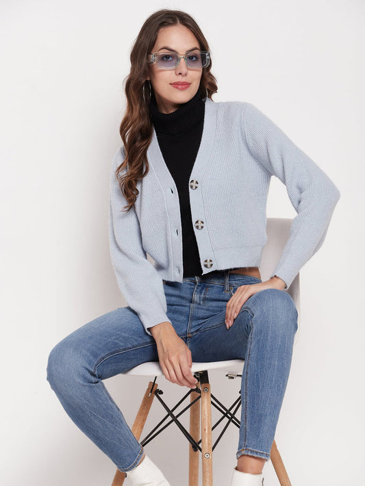 Madame Solid Powder Blue V-Neck Crop Cardigan