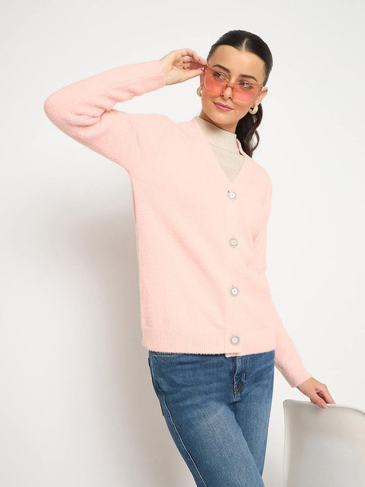 Madame V Neck Solid Peach Cardigan