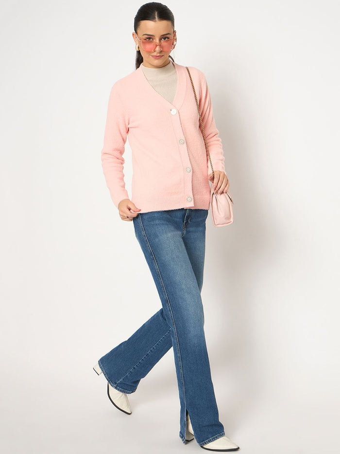 Madame V Neck Solid Peach Cardigan