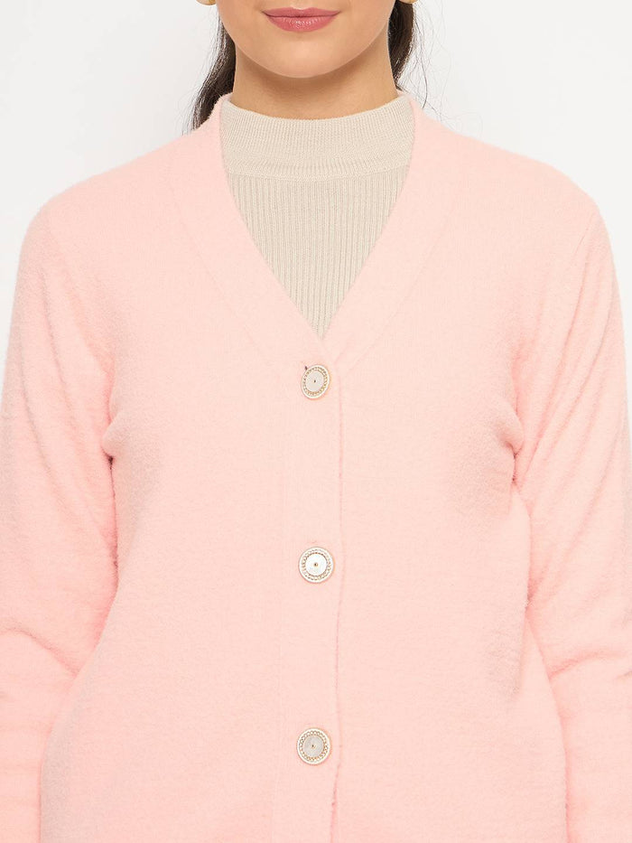 Madame V Neck Solid Peach Cardigan