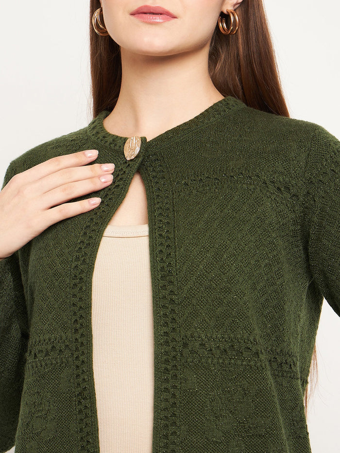Madame Women Self Design Olive Cardigans