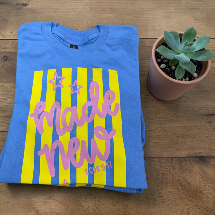 Made New 2 Corinthians 5:17 Graphic Tee – Blue & Yellow Striped Faith Shirt