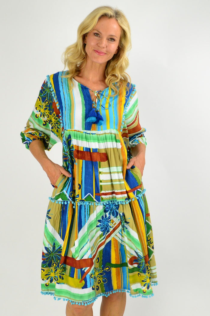 Orientique Malaga Midi Boho Tunic Dress featuring a flowy, patterned design and relaxed fit, perfect for casual and bohemian styles.