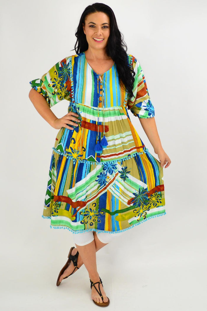 Orientique Malaga Midi Boho Tunic Dress with floral patterns and relaxed fit, perfect for casual and summer wear.