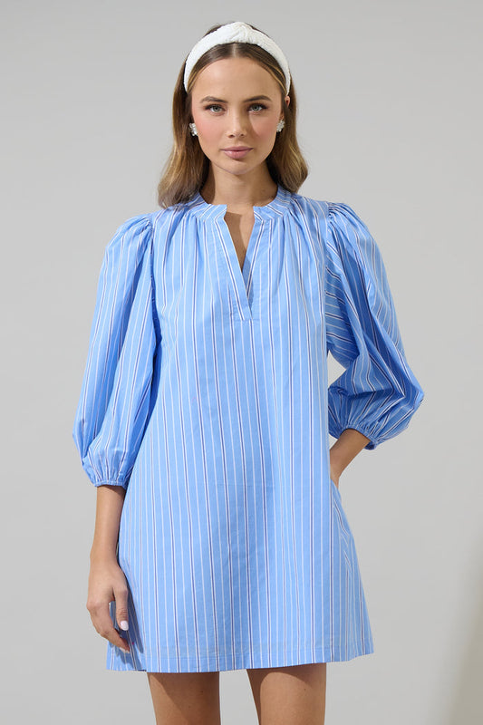 Malaga Striped Victoria Shift Split Neck Mini Dress