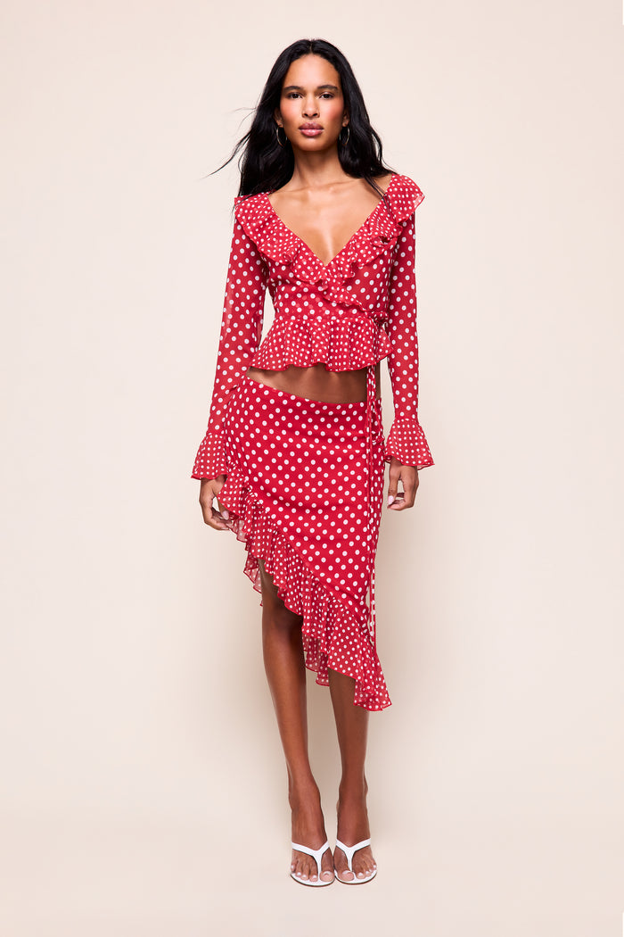 MALLORCA RUFFLE WRAP TOP in Red Love Mixed Polka Dot