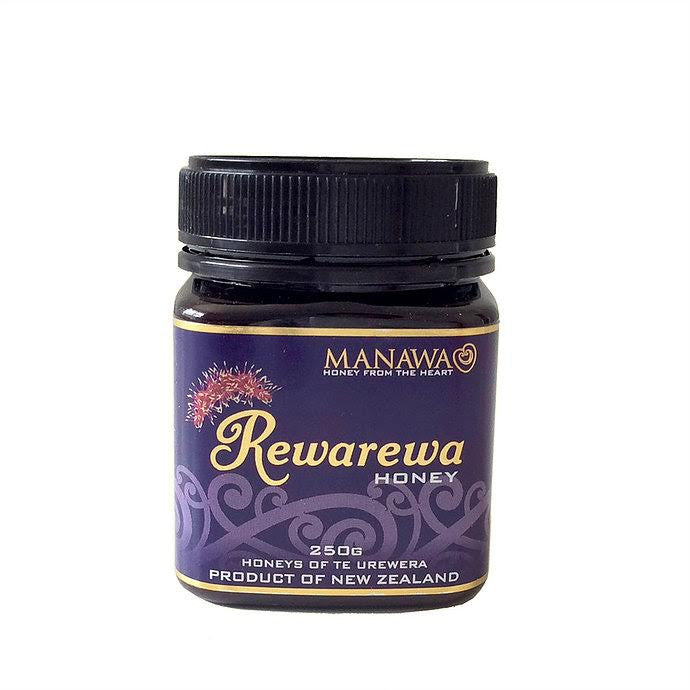 Rewarewa Honey pot. 250gr. Purple and gold label with black lid.