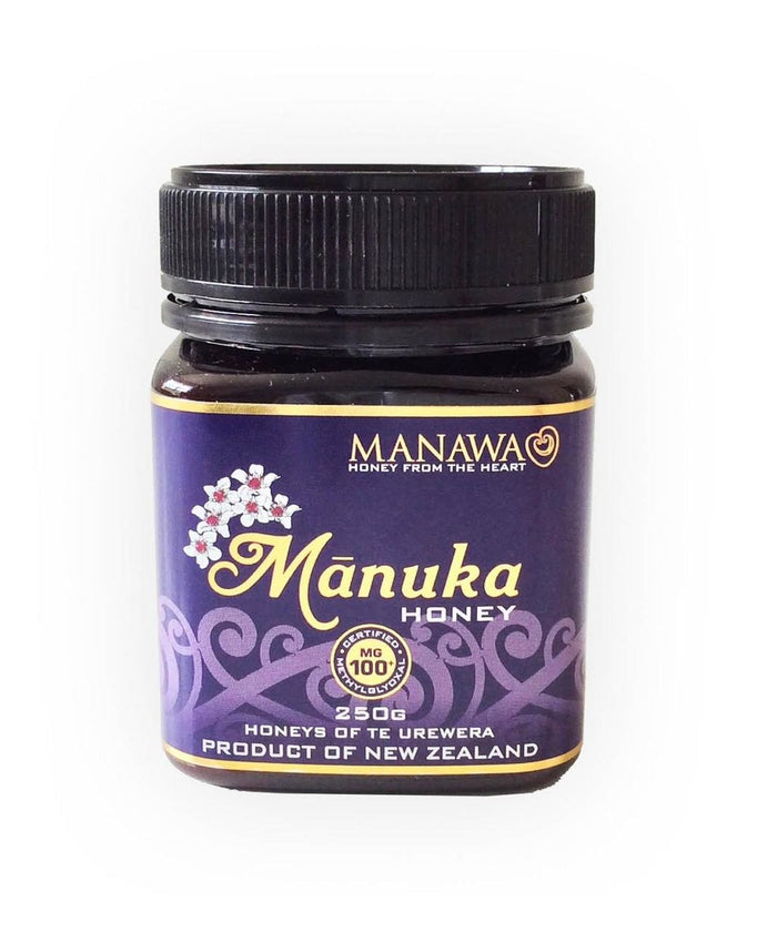 Bottle of honey in purple packaging