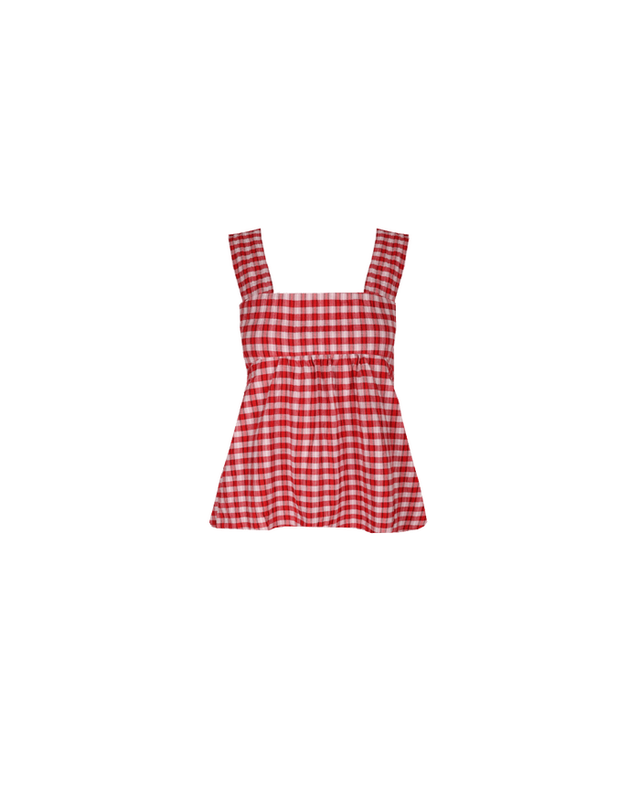 MARGIE TIE-BACK TOP RED LILAC TARTAN