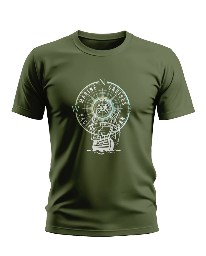 Olive green men's t-shirt with compass and sailboat graphic, marine cruise theme.