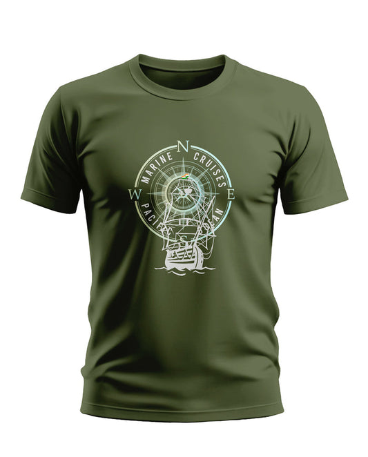 Olive green men's t-shirt with compass and sailboat graphic, marine cruise theme.