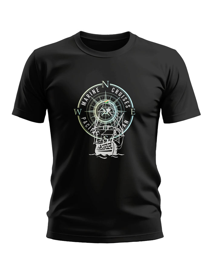 Black men's t-shirt with marine compass and sailing ship graphic, Pacific Ocean theme