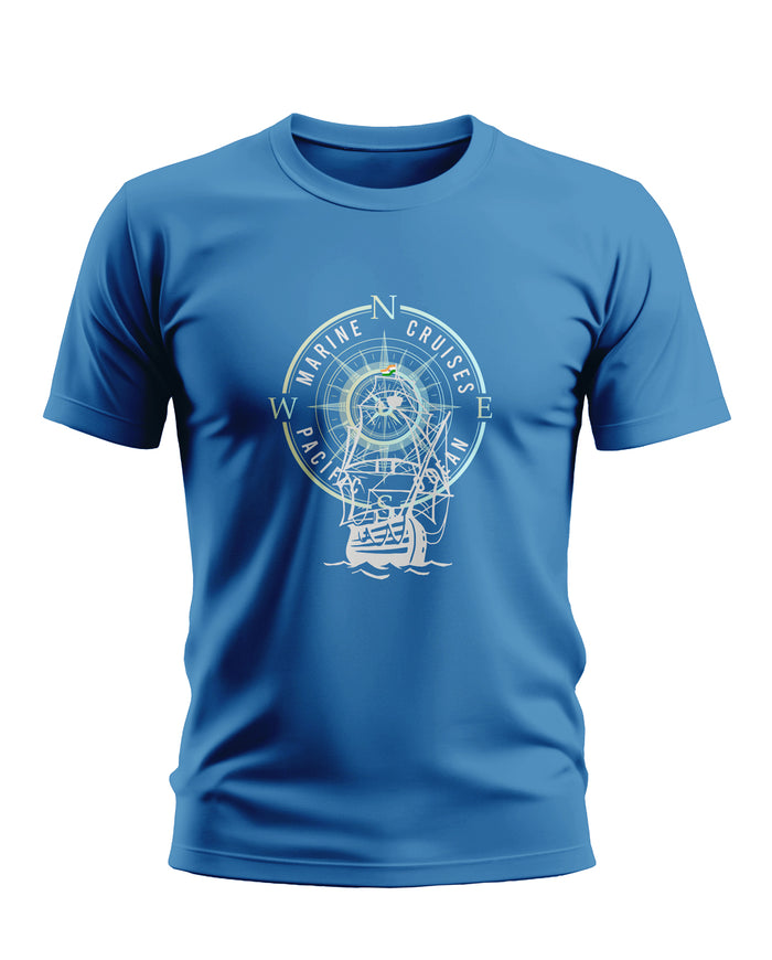 Blue men's t-shirt with nautical compass and ship graphic, marine theme casual fashion