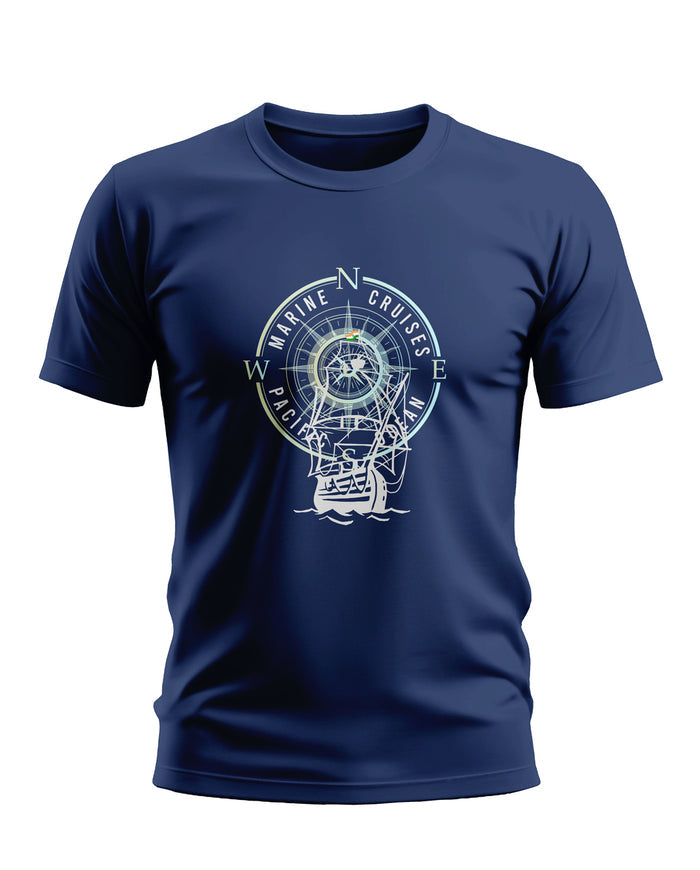 Navy blue men's t-shirt with marine compass and ship graphic, round neck, short sleeves