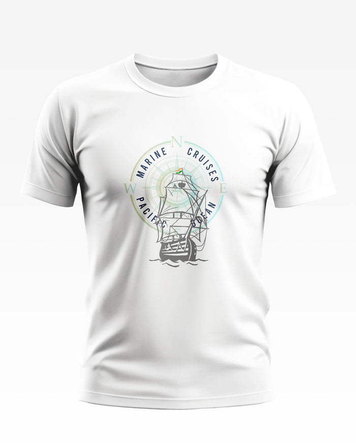 White men's t-shirt with compass and sailing ship graphic, marine cruises nautical theme