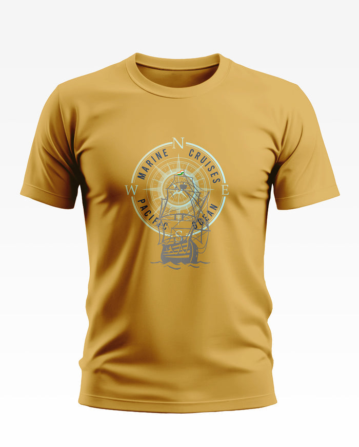 Yellow men's t-shirt with nautical compass and ship graphic, marine cruises Pacific Ocean theme