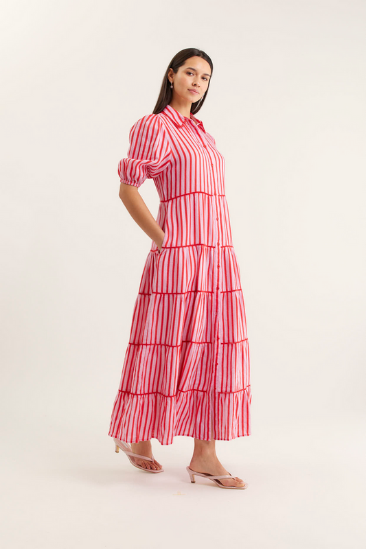 Marlow Breton Linen Dress In Pink/Red