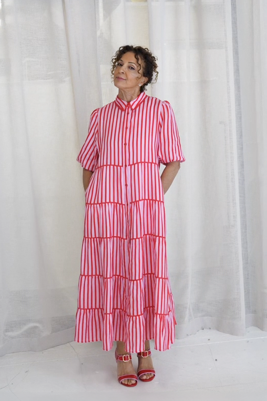 Marlow Breton Linen Dress In Pink/Red