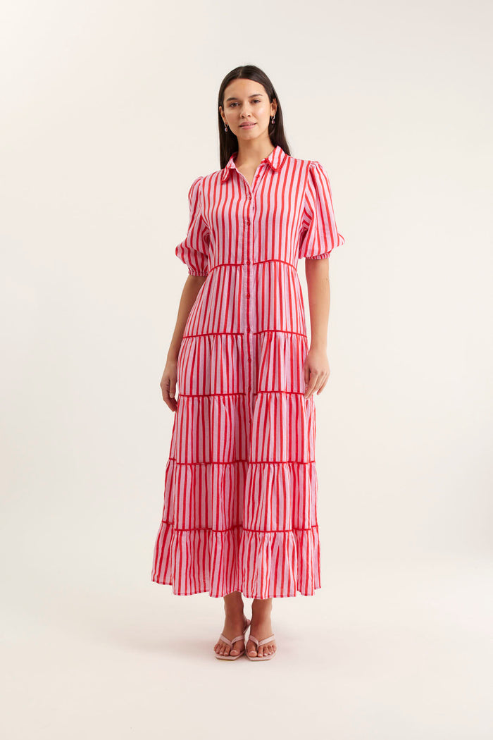 Marlow Breton Linen Dress In Pink/Red
