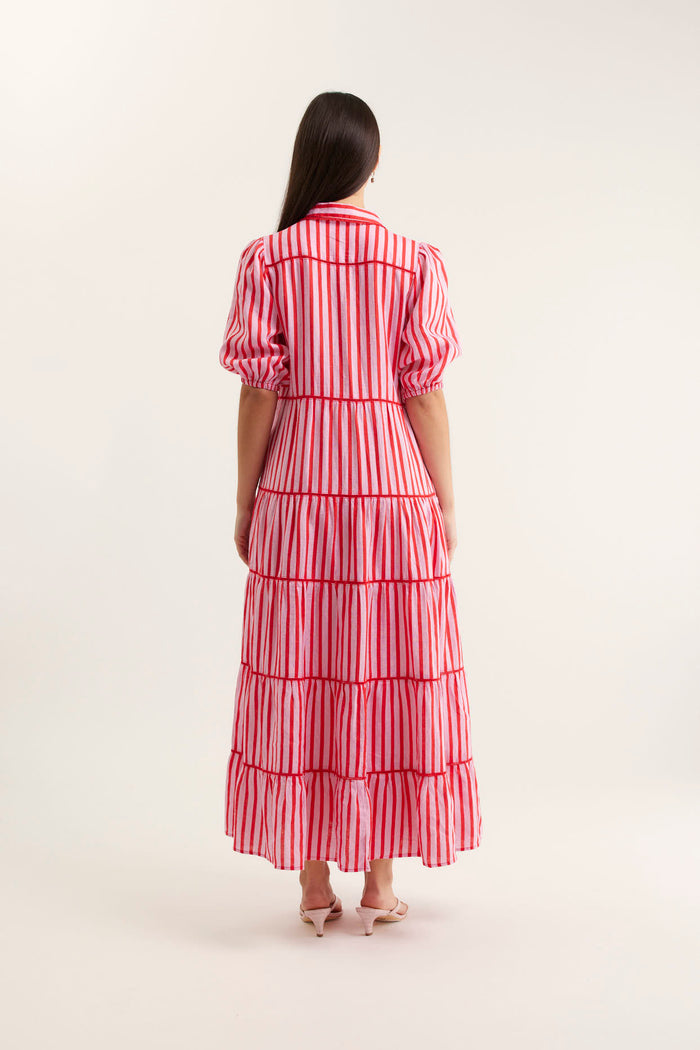Marlow Breton Linen Dress In Pink/Red