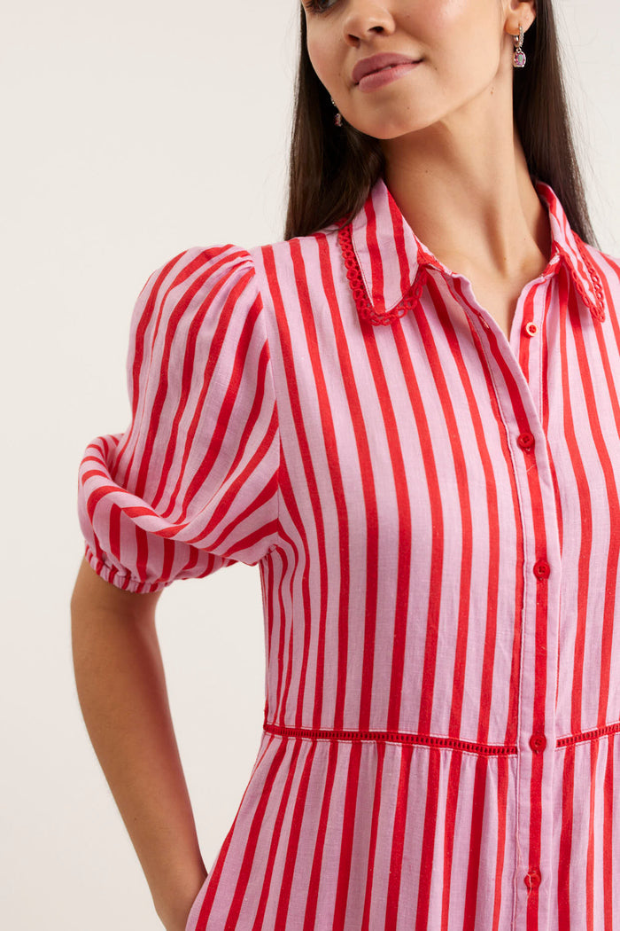 Marlow Breton Linen Dress In Pink/Red