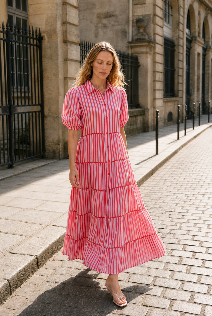 Marlow Breton Linen Dress In Pink/Red