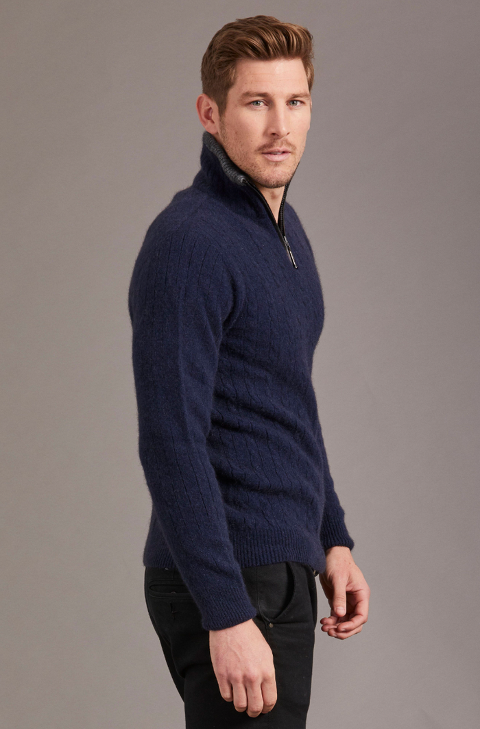 McDonald - Possum & Merino Cable Jersey with Contrast Trim-Navy