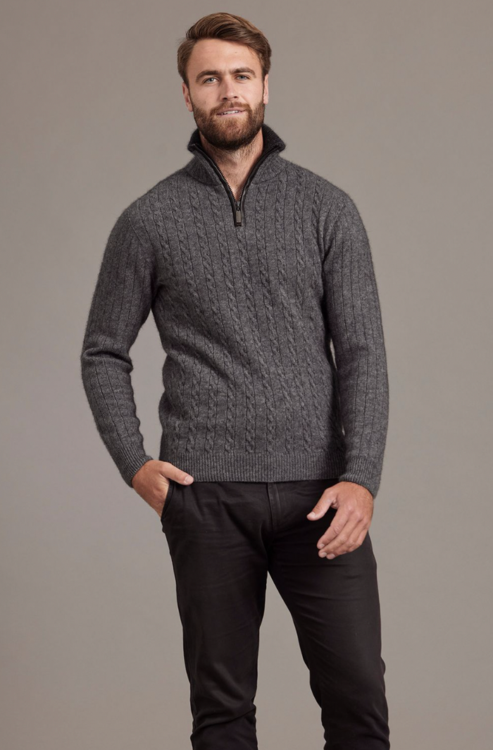 McDonald - Possum & Merino Cable Jersey with Contrast Trim-Charcoal