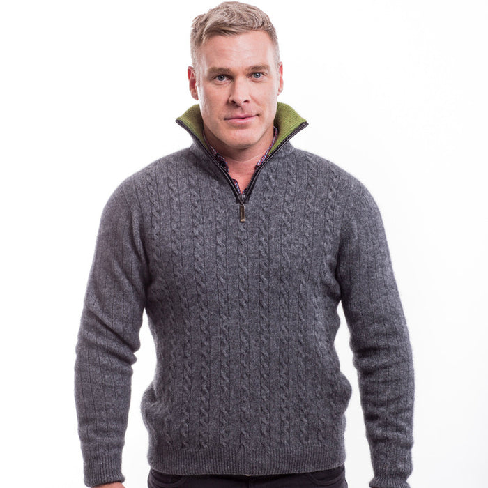 Male model wearing cable jersey. Grey and black