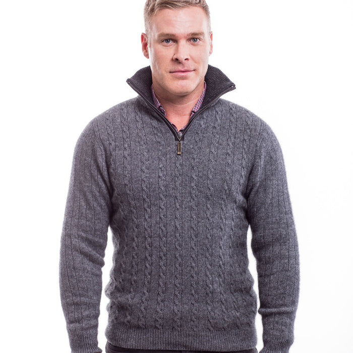 Male model wearing cable jersey. facing forward.