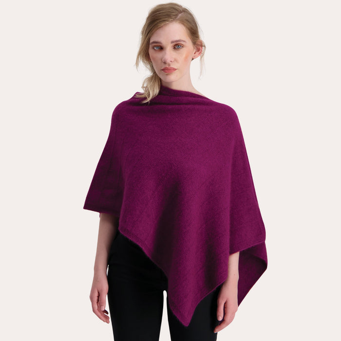 Berry colour merino & possum garter detail poncho
