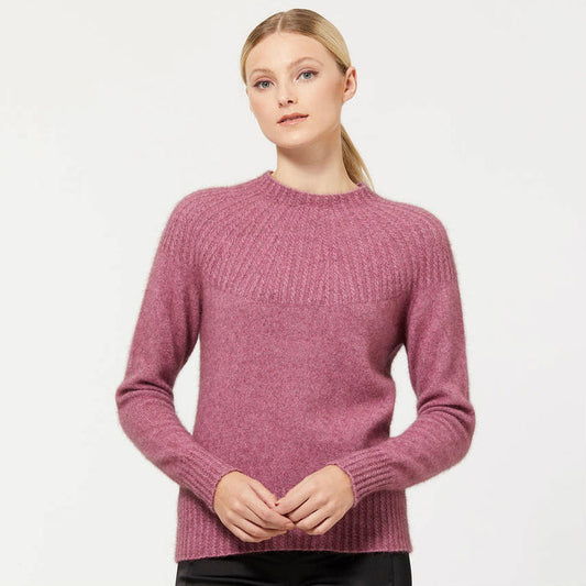 Model wearing Yoke neck cable jersey in colour Heather