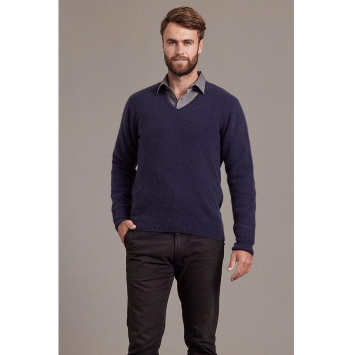 McDonald - Possum & Merino Rack Stitch V Neck Jersey (6601)-Navy