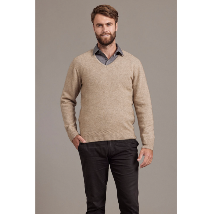 McDonald - Possum & Merino Rack Stitch V Neck Jersey (6601)-Mocha