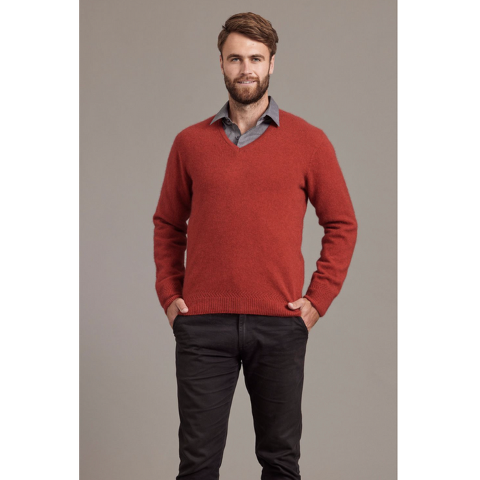 McDonald - Possum & Merino Rack Stitch V Neck Jersey (6601)-Red