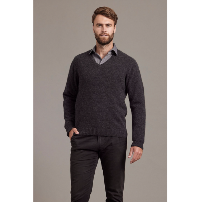 McDonald - Possum & Merino Rack Stitch V Neck Jersey (6601)-Charcoal