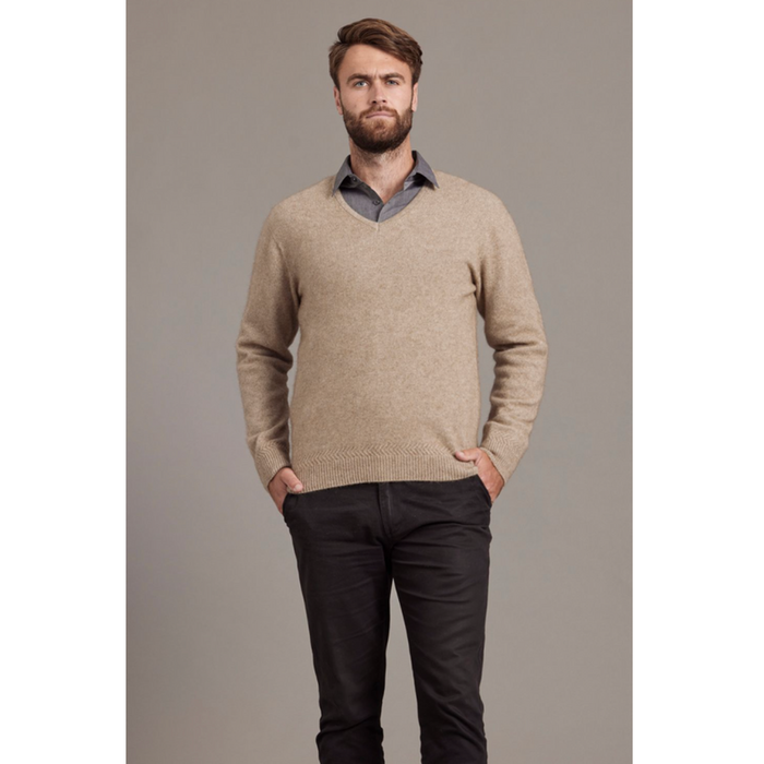 McDonald - Possum & Merino Rack Stitch V Neck Jersey (6601)-Mocha