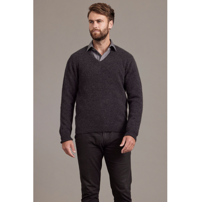 McDonald - Possum & Merino Rack Stitch V Neck Jersey (6601)-Charcoal