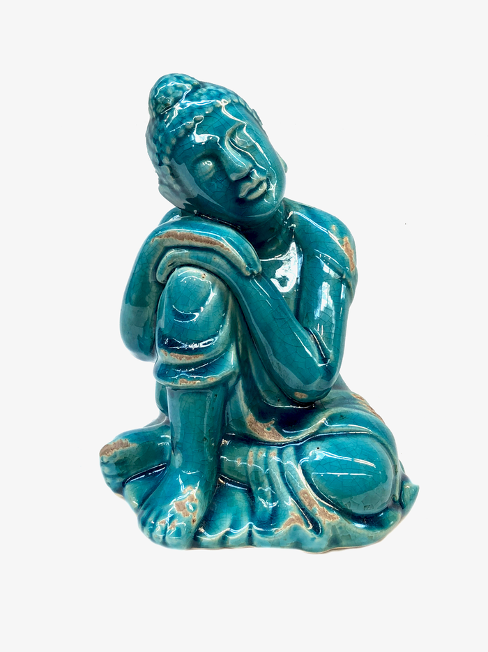 Meditating Sitting Ceramic Teal Blue Buddha