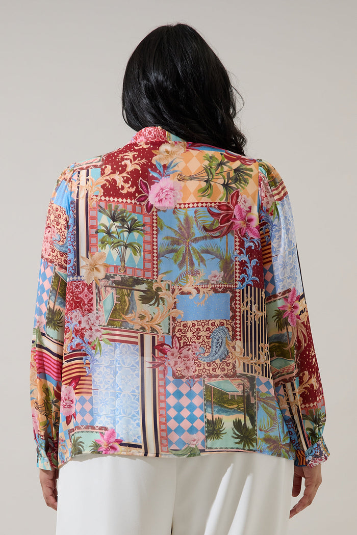 Melani Tropical Matra Long Sleeve Collared Blouse Curve