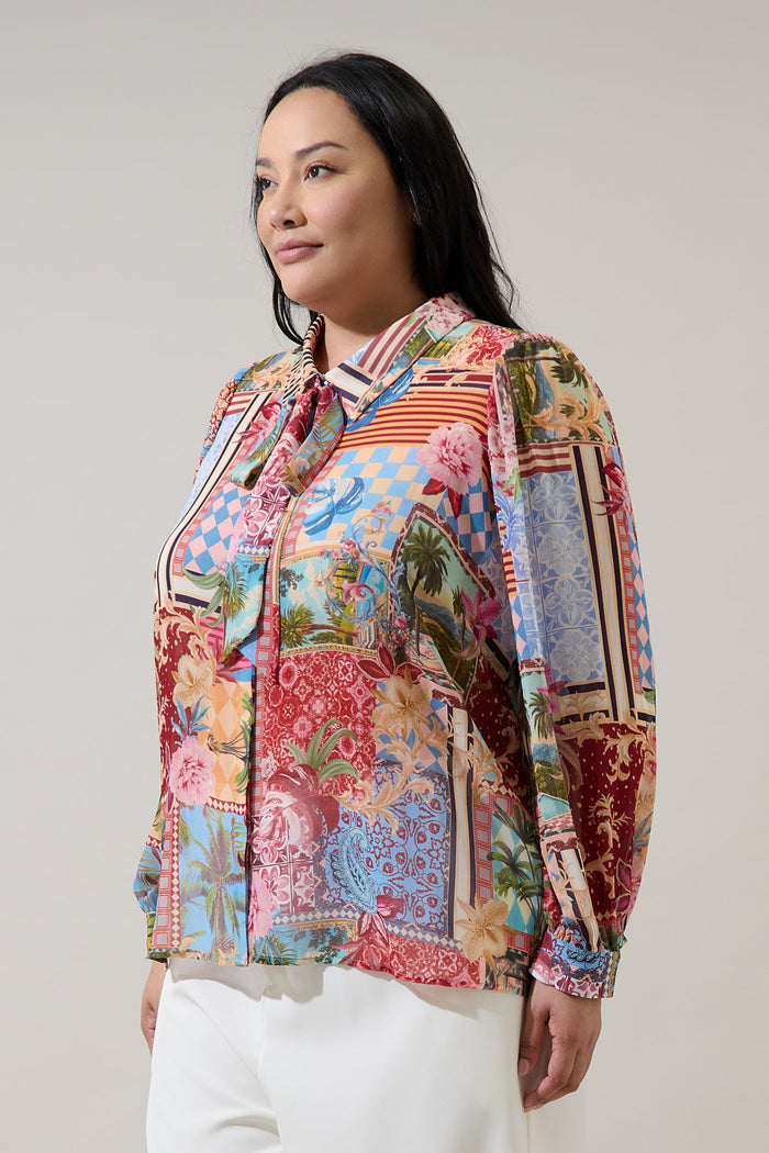 Melani Tropical Matra Long Sleeve Collared Blouse Curve
