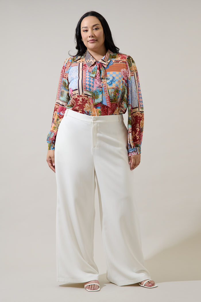 Melani Tropical Matra Long Sleeve Collared Blouse Curve
