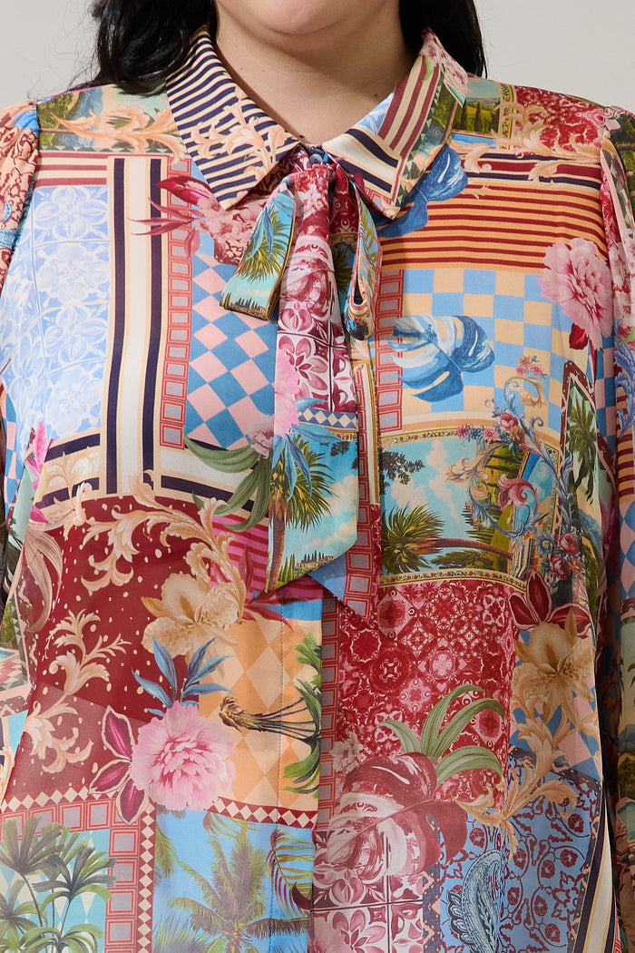 Melani Tropical Matra Long Sleeve Collared Blouse Curve