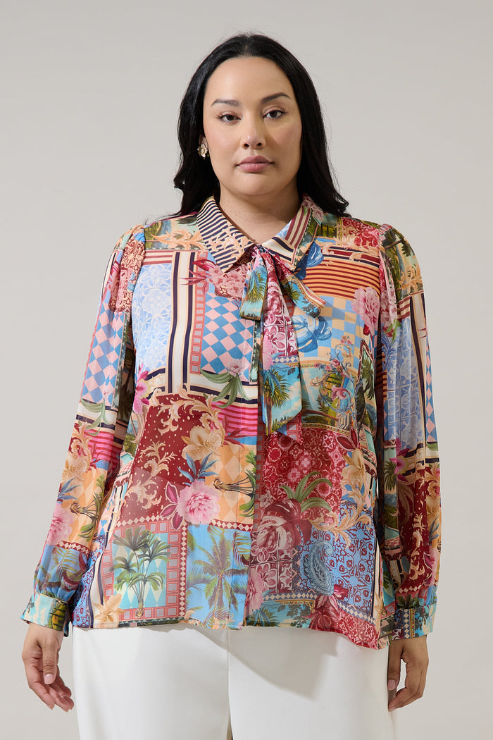 Melani Tropical Matra Long Sleeve Collared Blouse Curve