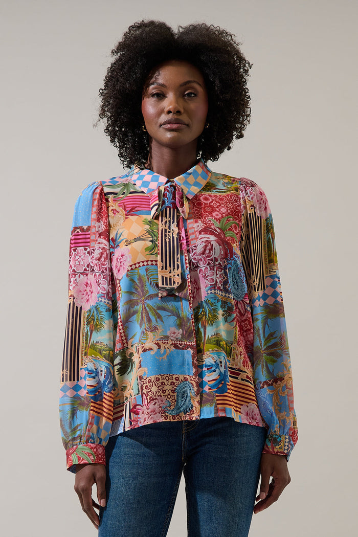 Melani Tropical Matra Long Sleeve Collared Blouse