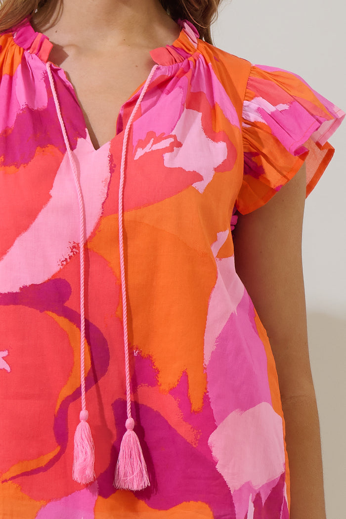 Merim Floral Deniza Split Neck Ruffle Top