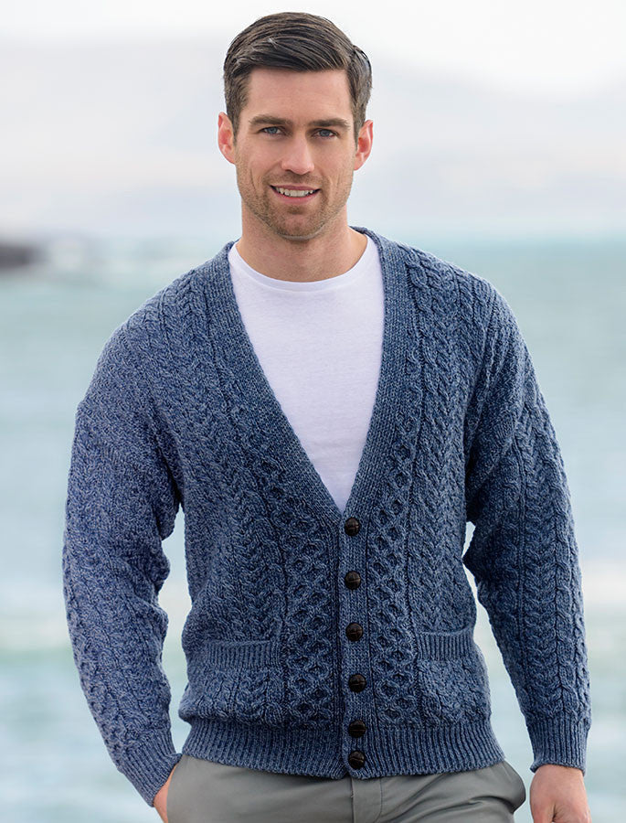 Merino Wool Aran Men's V-Neck Cardigan - Denim #color_denim